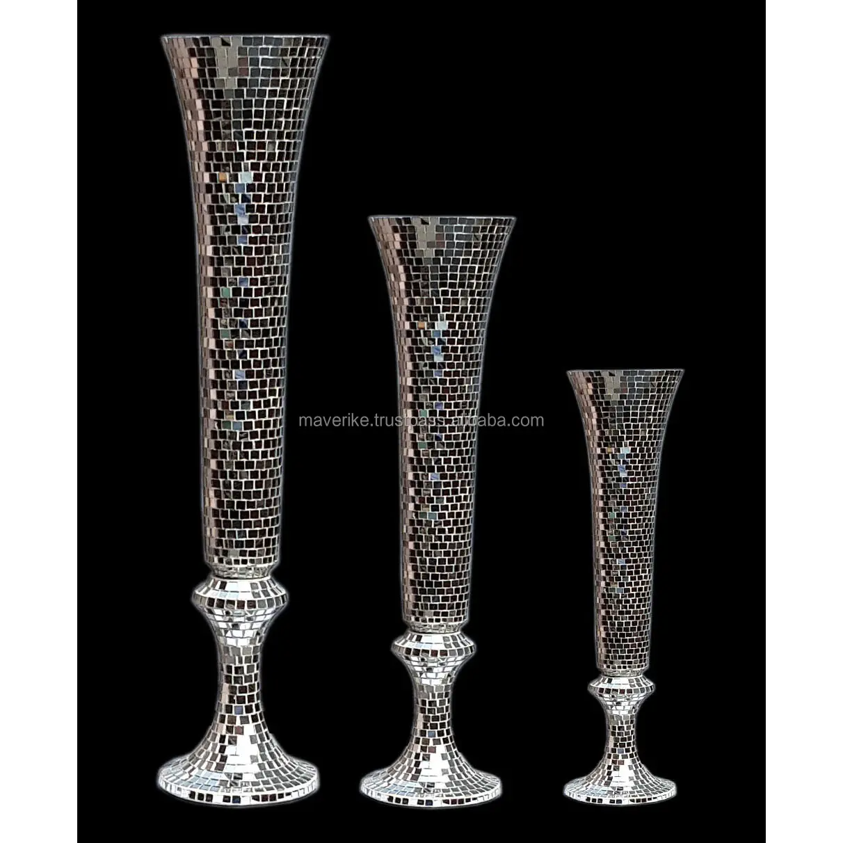 Mosaico de vidrio, jarrón plateado, jarrón de mesa, jarrones clásicos de aluminio, Juego de 3 piezas de decoración