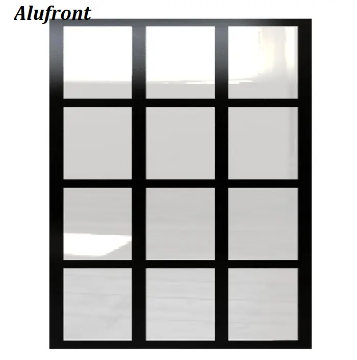 Black frame factory windowpane grid pattern industrial style fixed panel room divider partition panels.