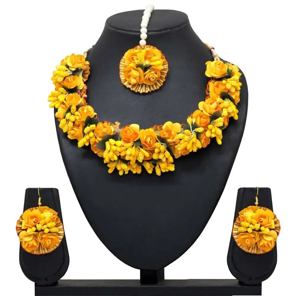 Fashionable Design Yellow Color Imitation Pearl Rose Floral Necklace With Earring And Maang Tikka