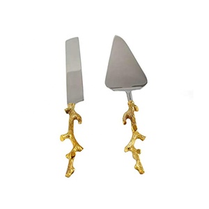 Servidor de pastel con mango de raíz y cuchillo de acero inoxidable de lujo, mango de ramita dorada, juego de cuchillos para pastel chapado en oro - Product Image 2