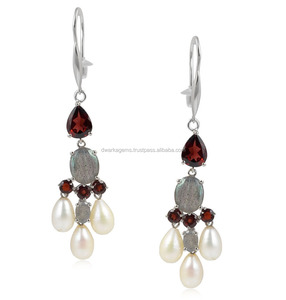 Wholesale custom luxury unique fine jewelry 925 sterling silver pearl <b>garnet</b> labradorite multi gemstone dangle drop <b>earrings</b> - Product Image 2