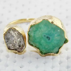 Jewelry Suppliers from India Natural Green Solar Quartz, Rough Herkimer Diamond 24k Gold Plated Ring