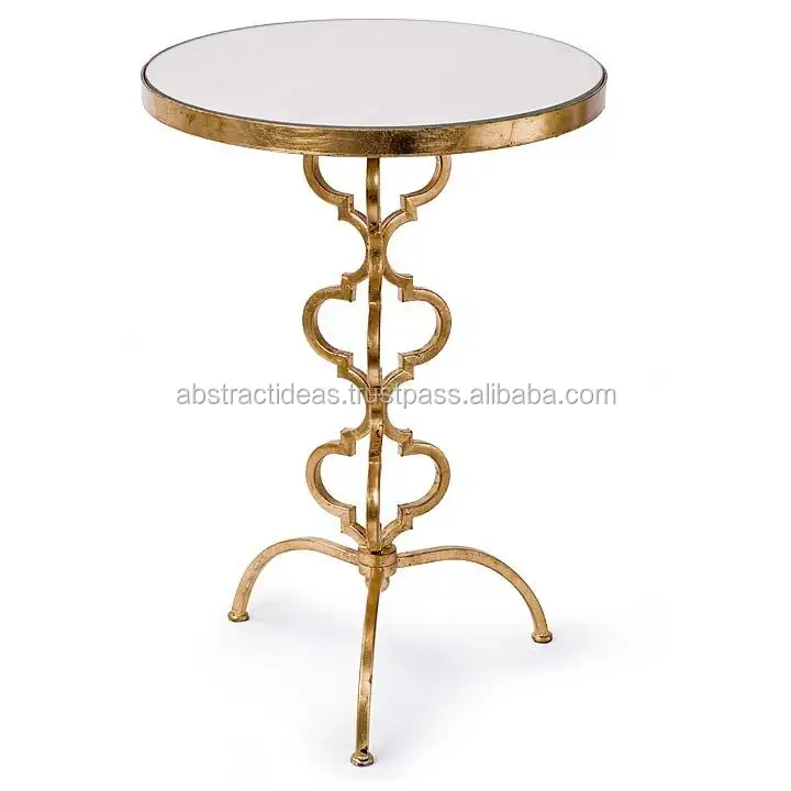3 bacak yuvarlak fas yan sehpa Metal çerçeve, cam üst altın yaprak dekoratif Accent oturma odası mobilya kahve ucu masa