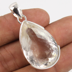 Pendentif élégant en argent sterling 925 massif, cristal de quartz naturel fait à la main, forme poire, serti de pierres précieuses facettées, rhodié - Product Image 1