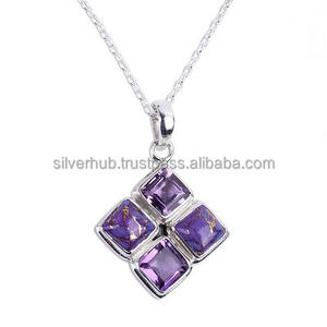 Colgante de plata con piedras preciosas de turquesa y amatista para mujer, colgante delicado de plata sólida hecho a mano, colgante de plata con piedras preciosas - Product Image 2