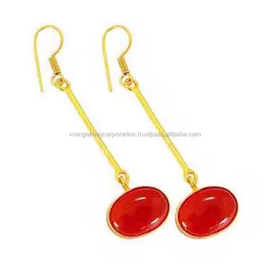 Elegant Vintage Style Red Onyx Gems Long Stick Dangle Earring Best Looking 925 Silver Gold Plated Women Earring