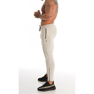 Pantalon de survêtement de sport beige pour hommes, spandex en coton fuselé extensible avec broderie, délavé foncé, décontracté, style sport, léger - Product Image 3