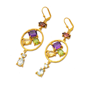 925 <b>Sterling</b> <b>Silver</b> Multi Gemstone Prong Setting Gold Plated <b>Clip</b>-<b>On</b> Lock Dangle <b>Earrings</b> Multi Shape Fashion <b>Earring</b> for Women - Product Image 1