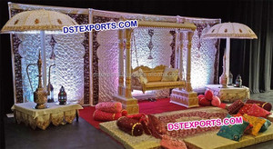 ชุดเฟอร์นิเจอร์บนเวที Mehandi แบบมีสไตล์,ของตกแต่งเวที Mehandi งานแต่งงานแบบเอเชียพร้อมเก้าอี้ขนาดเล็กจากผู้ผลิตเวทีงานแต่งงานของชาวอินเดีย - Product Image 5
