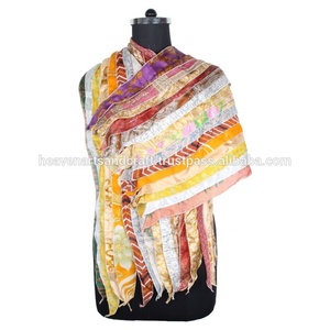 Sari de seda Vintage, bufanda multicolor reciclada, accesorios para mujer, bufandas, parches de Sari indio, bufanda Reversible, rayas coloridas - Product Image 2