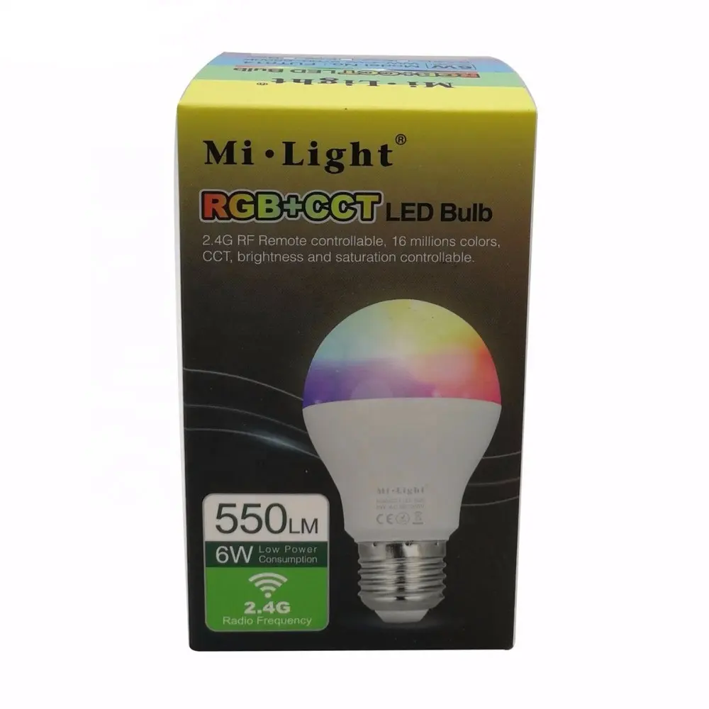Mi Light FUT014 E27-bombilla led RGB + CCT para teléfono móvil, lámpara blanca cálida regulable con WIFI y aplicación para teléfono móvil, 6W, AC85V-265V