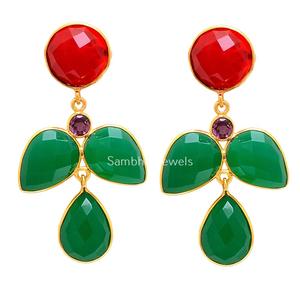 925 Sterling Silver Vintage Antique Minimalist Organic Shape Stud <b>Earring</b> Natural Green Chalcedony Gold Plated for Parties - Product Image 1