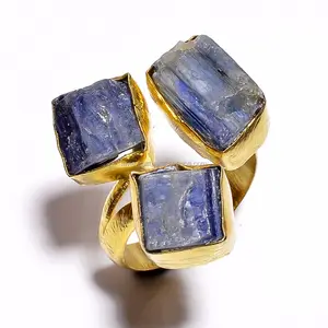 Anillos de piedras preciosas de cianita natural a granel al por mayor joyería fina fabricante de anillos chapados en oro de latón real - Product Image 1