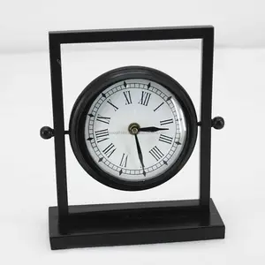 Reloj de mesa de Metal con marco rectangular, acabado de recubrimiento de polvo negro, forma redonda, calidad Premium para decoración del hogar