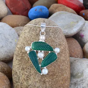 Customized Perfect Handmade Design Carved Green Onyx & Pearl Gemstone Indian Silver Pendant
