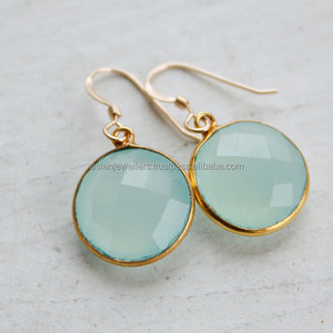 Pendientes de plata de ley 925 con gema de Calcedonia, pendientes de oro con bisel vermeil - Product Image 1