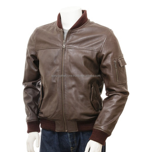 Chaqueta de Cuero Genuino Estilo Nuevo, Chaqueta Bomber Ajustada de Cuero Vacuno Marrón Vintage, Chaquetas de Béisbol de Cuero Marrón para Hombre - Product Image 1