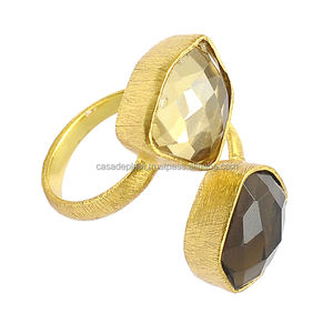Anillo de piedras preciosas de cuarzo ahumado de dos piedras Anillo de Plata de Ley 925 con ajuste de bisel chapado en oro Anillo de moda para regalo de boda. - Product Image 4