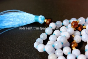 Blue Lace Agate Gemstone Mala Beads <b>Silk</b> Tassel Knotted Necklace Handmade Indian Bohemian Style Hinduism Third Party Certified - Product Image 4