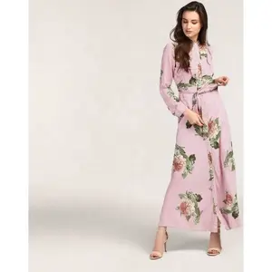 Neueste elegante volle Ärmel Rundhals ausschnitt Rüschen Taille Krawatten streifen Blumen druck Western Party Wear Langes Kleid