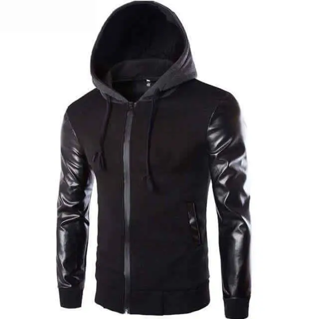 custom design hoodie with leather sleeves sweatshirt for men