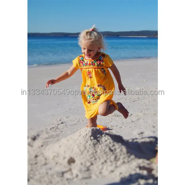 2019 Custom Summer Outdoor Beach Little Girls Swimwear Cover up Dress Baby Stunning Chicken Embroider Mexican Ethnic Kids Tunic