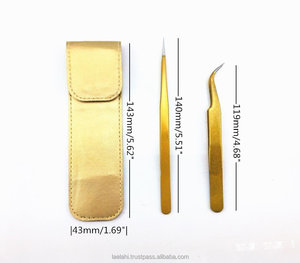 Meilleure vente ENSEMBLE de 2 pinces à épiler d'extension de cils dorés à pointe droite en acier inoxydable avec pochette - Product Image 2