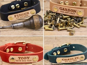 Collar de cuero hecho a mano para perro con latón macizo dorado, Collar de cuero para mascotas, perros etiquetas personalizadas WDS-0054 - Product Image 4