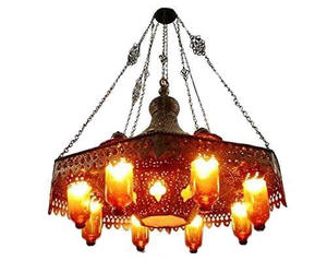 Lustre LED traditionnel dimmable Zahereen BR125 à 10 lumières, grand design octogonal en laiton, ampoules en verre ambré, utilisation en parc à thème - Product Image 1