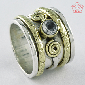 Unisex Two Tone Cubic Zirconia 925 Sterling Silver Handmade Spinner <b>Ring</b> Cut Indian Designer Jewelry for Weddings Gifts Parties - Product Image 1