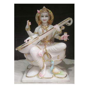 Belle statue de la déesse indienne Mata Saraswati en marbre blanc de Makrana avec veena pour le culte dans les bureaux et les temples scolaires - Product Image 1
