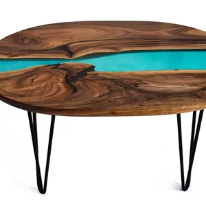 Table basse ovale en bois naturel avec finition en résine époxy noyer industriel - Product Image 1