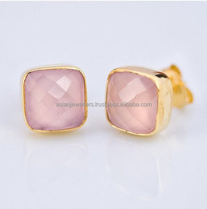 Pendientes de tuerca plata de Calcedonia, piedra preciosa, oro, vermeil - Product Image 1