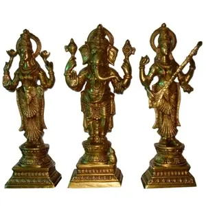 Brass Goddess Lakshmi Ganesha And Saraswati Standing Statue Set Made in antique finish