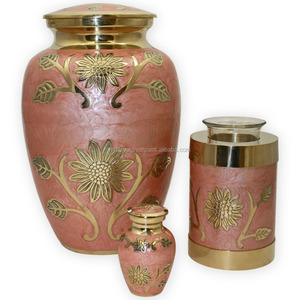 Urne de crémation en métal pour adultes, forme classique, rose poli, tournesols. - Product Image 1