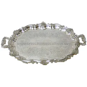 Classical Design Silver Tray With Decorative Handle New Design Metal Serving Tray in Round Shape Tray Metal