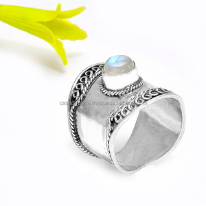 Bague unisexe en argent massif 925 plaqué argent avec pierre précieuse Cabochon Pierre de Lune Arc-en-ciel, sertie clos, haute qualité, pour mariage et soirée - Product Image 1