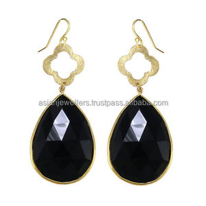 925 Sterling Silver <b>Black</b> Onyx Gemstone Drop <b>Earrings</b> Gold Plated <b>Dangling</b> Design for Wedding Party or Gift - Product Image 1