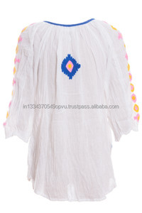 เดรสลำลองสำหรับผู้หญิงชายหาดสไตล์เซ็กซี่เสื้อคอตตอนย่นทำจากผ้าฝ้ายมีพู่ผูกคอวีเปิดด้านหน้า - Product Image 5