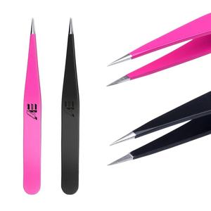 LOT DE 6 Pinceaux à épiler de précision en acier inoxydable à pointe inclinée plate ROSE/NOIR 12cm Instrument de beauté pour sourcils - Product Image 2
