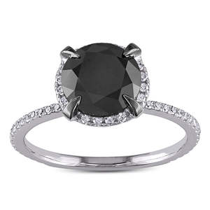 Bague de mariage en or blanc 14 carats avec halo de diamants noirs ronds de 2,4 carats, bague de créateur pour filles, bague de fiançailles solitaire en diamant - Product Image 1