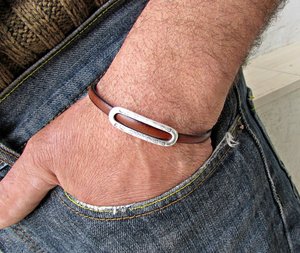<b>Mens</b> Leather Bracelet Leather <b>Mens</b> Bracelet Cuff Brown Black <b>Silver</b> Plated - Product Image 1