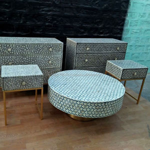 Mesa de centro con incrustaciones de hueso redondo, muebles con incrustaciones de hueso - Product Image 3