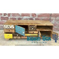 Meuble TV en bois massif de chêne indien rustique avec finition peinte, meuble de salon antique