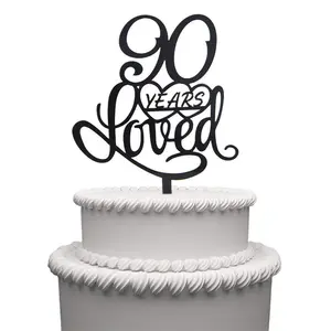 90 yıl Sevilen Kek Topper 90 Yıl Doğum Günü Veya 90TH Düğün Yıldönümü Siyah Akrilik Parti Dekorasyon