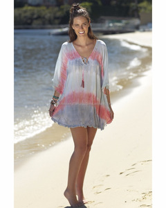 ชุดเดรสชายหาดลายพระอาทิตย์ตกแสนหวานสำหรับสาวๆ,ชุดคลุมชายหาดปอนโชแบบสั้นมัดย้อมผ้าเรยอนสำหรับใส่ในราคาถูก - Product Image 1