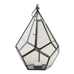 Porte-bougie en verre de terrarium à motif géométrique, lanterne à bougie en verre et métal pour table, porte-bougie décoratif en fer - Product Image 2