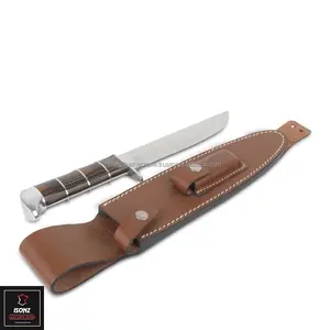 Couteau de chasse damas lame en acier durable manche en bois en cuir véritable gaine personnalisable OEM/ODM avec étui à boucle de ceinture en cuir - Product Image 1