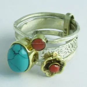 Anillo apilable de Plata de Ley 925 con gema turquesa y Coral, anillo apilable de dos tonos
