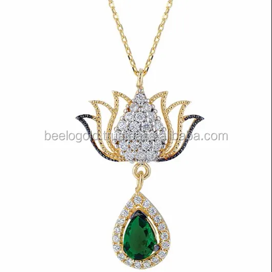 Baru 14K Emas Solid Desain Seni Mahkota Waterdrop Mode Tulip Charm Trend Kalung Tulip Ottoman Desain Pave Lotus Bunga Perhiasan